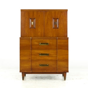 John Widdicomb Mid Century Walnut and Brass Highboy Dresser mcm image 2