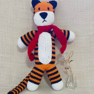 Handmade Crochet Tiger With Ref Scarf Stuffed Toy Soft Amigurumi Orange Black White