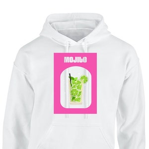 May include: White hoodie with a pink rectangle graphic featuring the word "MOJITO" in white text and a cartoon illustration of a mojito cocktail.