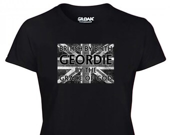 Newcastle GEORDIE By The Grace Of God Tshirt Womens Fanmade Black and White Army