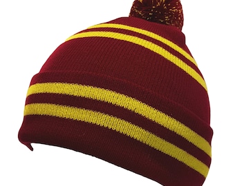 Claret & Gold / Amber / Yellow Hat NS Bar Stripe Bobble Pompom Narrow Pin Stripe