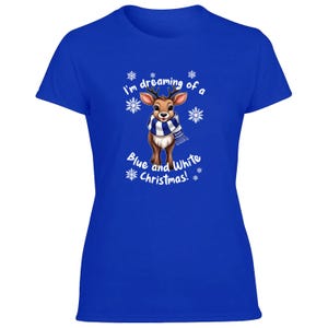 May include: A royal blue t-shirt featuring a cartoon reindeer wearing a blue and white scarf. The text "I'm dreaming of a Blue and White Christmas!" is displayed with snowflakes.