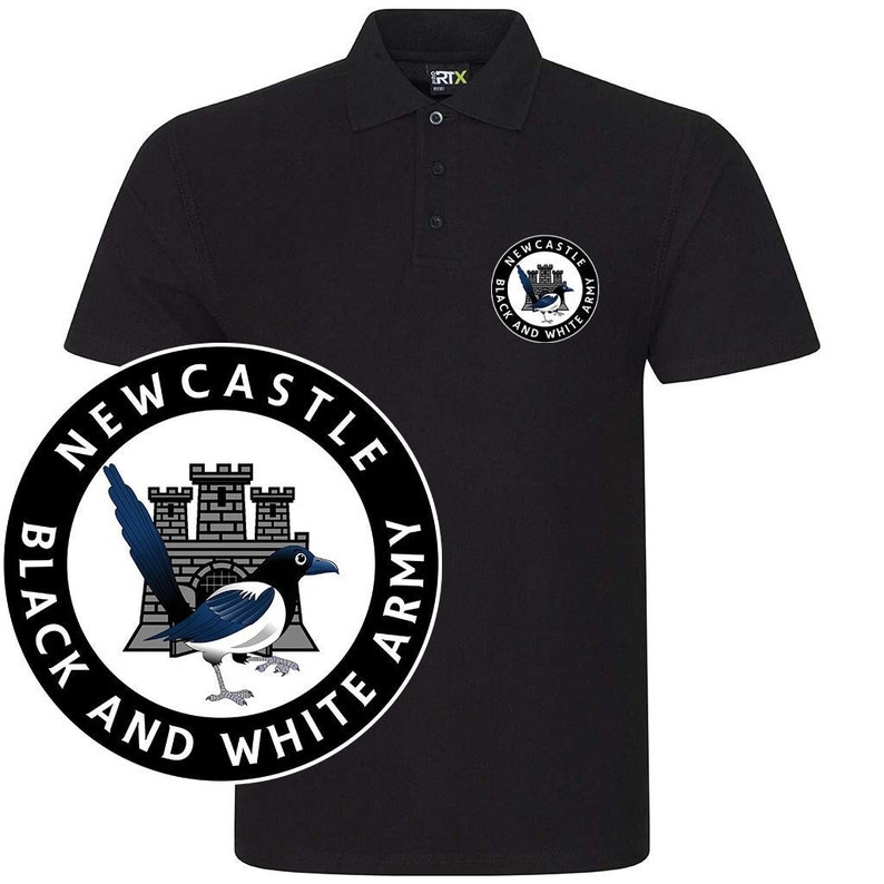 May include: Black polo shirt with a Newcastle Black and White Army logo featuring a magpie and a castle. The logo is on the left chest and the right sleeve.