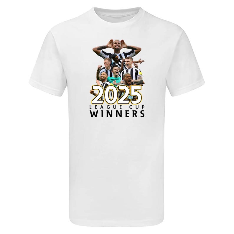 May include: White t-shirt with a black and white photo of a group of soccer players celebrating. The text "2025 LEAGUE CUP WINNERS" is printed in gold on the shirt.