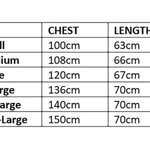 May include: Size chart showing chest and length measurements in centimeters for sizes small, medium, large, X-large, XX-large, and XXX-large.