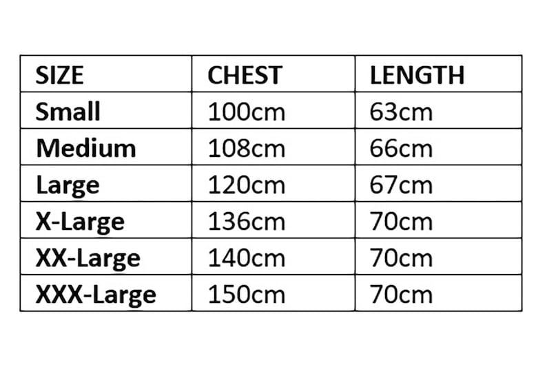May include: Size chart showing chest and length measurements in centimeters for sizes small, medium, large, X-large, XX-large, and XXX-large.
