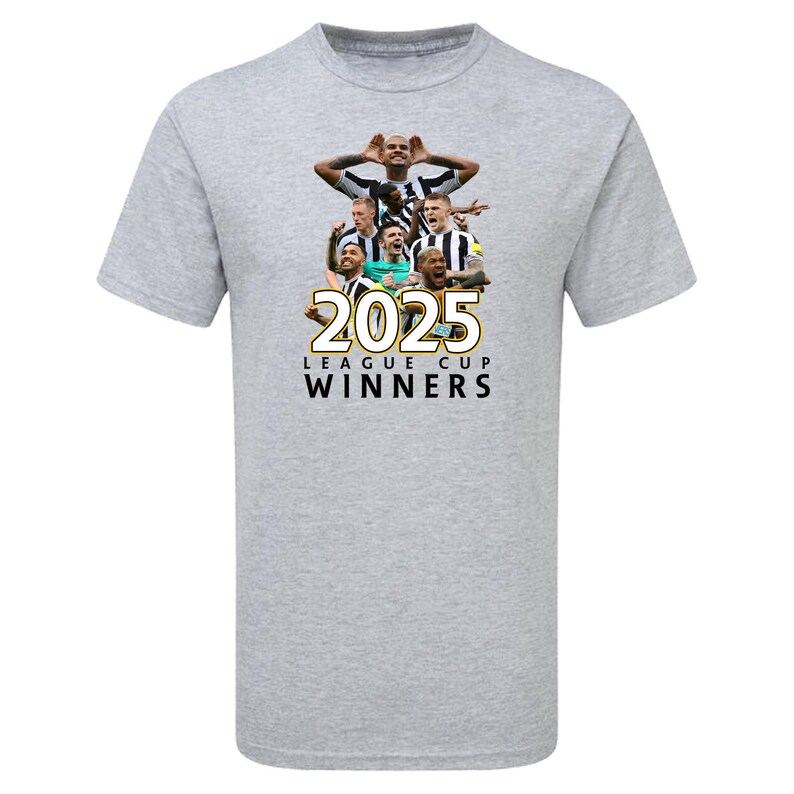 May include: A gray t-shirt with a black and white photo of a group of soccer players celebrating. The text "2025 LEAGUE CUP WINNERS" is printed in gold on the shirt.
