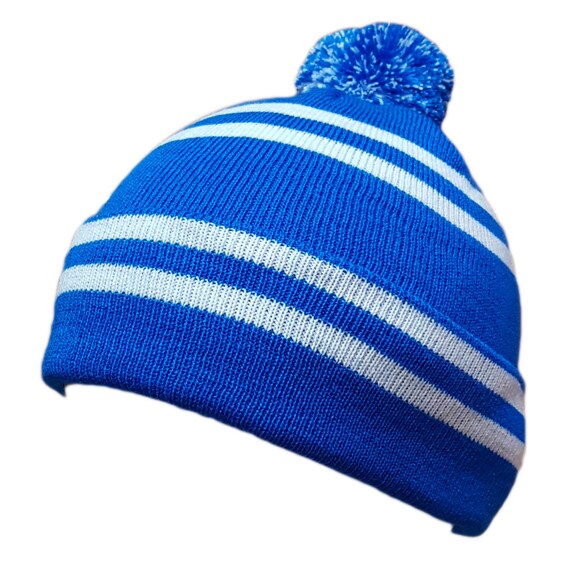 Royal Blue & White Hat NS Bar Stripe Bobble Pompom Narrow  display picture 1