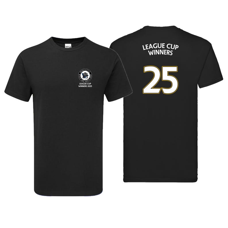 May include: Black t-shirt with a white logo that says "League Cup Winners 2023" on the front and a white number 25 with a gold outline on the back. The shirt is a black t-shirt with short sleeves.