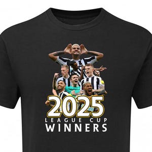May include: Black t-shirt with a group of soccer players in black and white uniforms. The text "2025 LEAGUE CUP WINNERS" is printed in gold on the shirt.