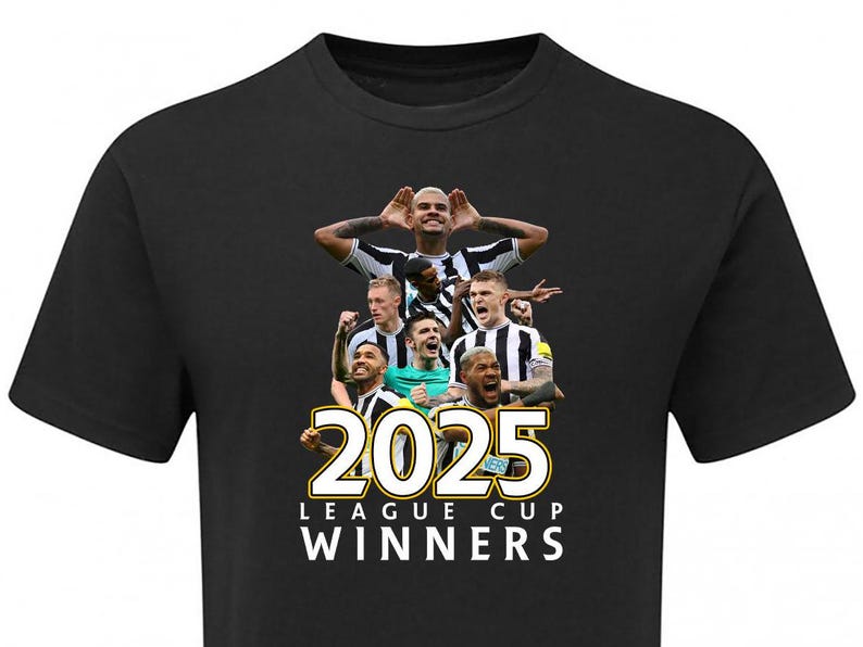 May include: Black t-shirt with a group of soccer players in black and white uniforms. The text "2025 LEAGUE CUP WINNERS" is printed in gold on the shirt.