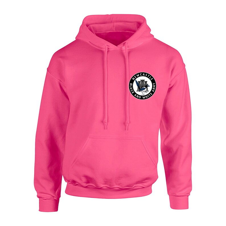 May include: A pink hoodie with a black and white circular patch that says "Newcastle Black and White Army" with a castle and a magpie inside.
