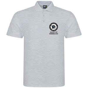 May include: A gray polo shirt with a black and white logo that says "Newcastle Black and White Army" and "League Cup Winners 2025".