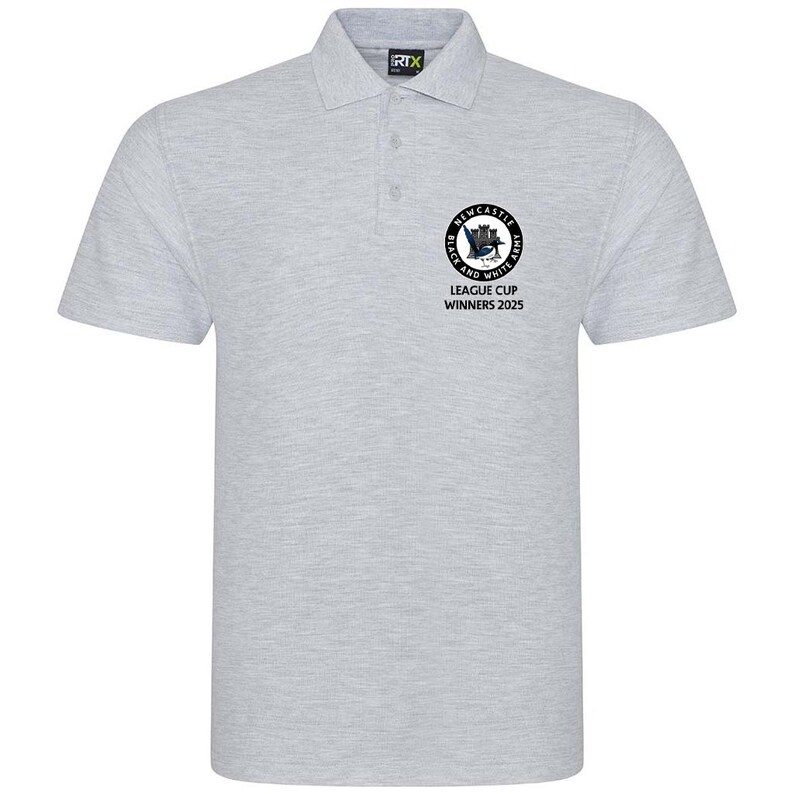 May include: A gray polo shirt with a black and white logo that says "Newcastle Black and White Army" and "League Cup Winners 2025".