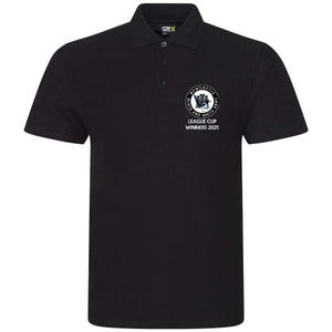May include: Black polo shirt with a white embroidered logo of the Newcastle United Football Club crest. The logo includes the text "Newcastle United" and "Black and White Army". Below the logo is the text "League Cup Winners 2023".
