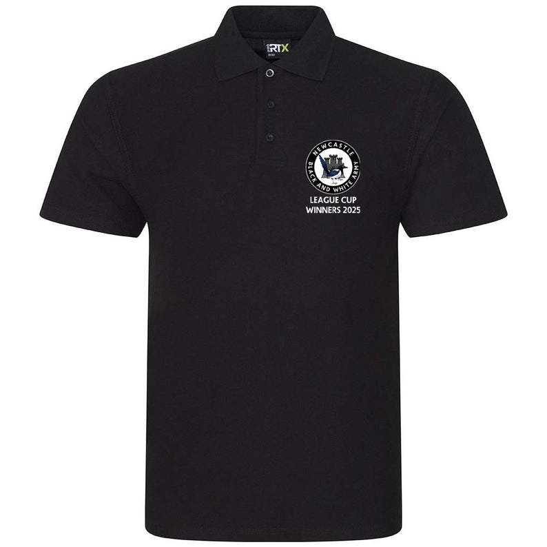 May include: Black polo shirt with a white embroidered logo of the Newcastle United Football Club crest. The logo includes the text "Newcastle United" and "Black and White Army". Below the logo is the text "League Cup Winners 2023".
