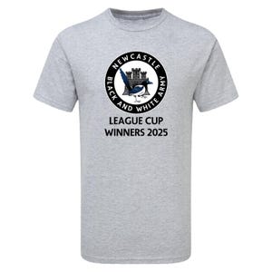 May include: A grey t-shirt with a black and white Newcastle United logo that says "Black and White Army" and black text that says "League Cup Winners 2025".