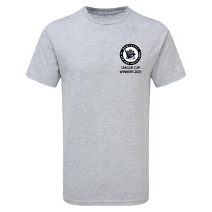 May include: A gray t-shirt with a black and white logo of a castle and a bird. The text "Newcastle United Black and White" and "League Cup Winners 2023" is printed on the shirt.