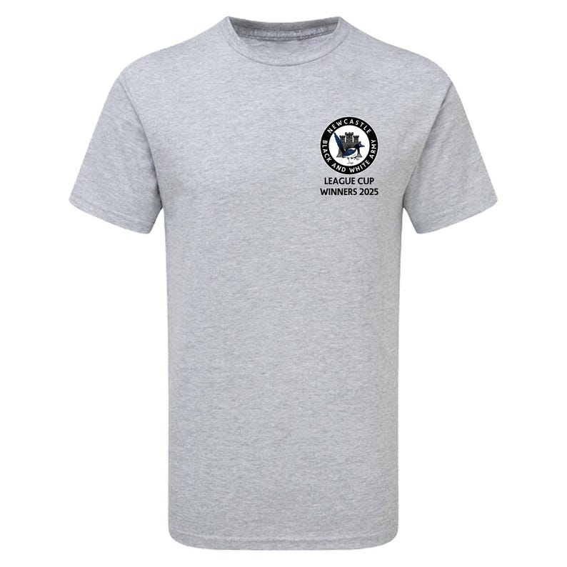 May include: A gray t-shirt with a black and white logo of a castle and a bird. The text "Newcastle United Black and White" and "League Cup Winners 2023" is printed on the shirt.