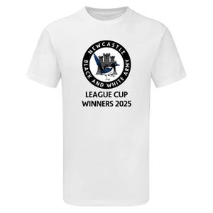 May include: White t-shirt with a black and white logo that says "Newcastle Black and White Army" with a castle and a magpie. The text "League Cup Winners 2025" is below the logo.