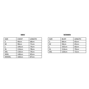 May include: A size chart for clothing with measurements in centimeters for chest, bust, and length. The chart is divided into two sections: men and women. The chart includes sizes from S to XXXXXL.