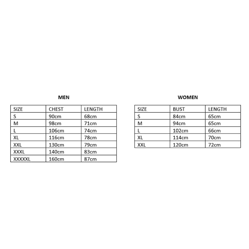 May include: A size chart for clothing with measurements in centimeters for chest, bust, and length. The chart is divided into two sections: men and women. The chart includes sizes from S to XXXXXL.