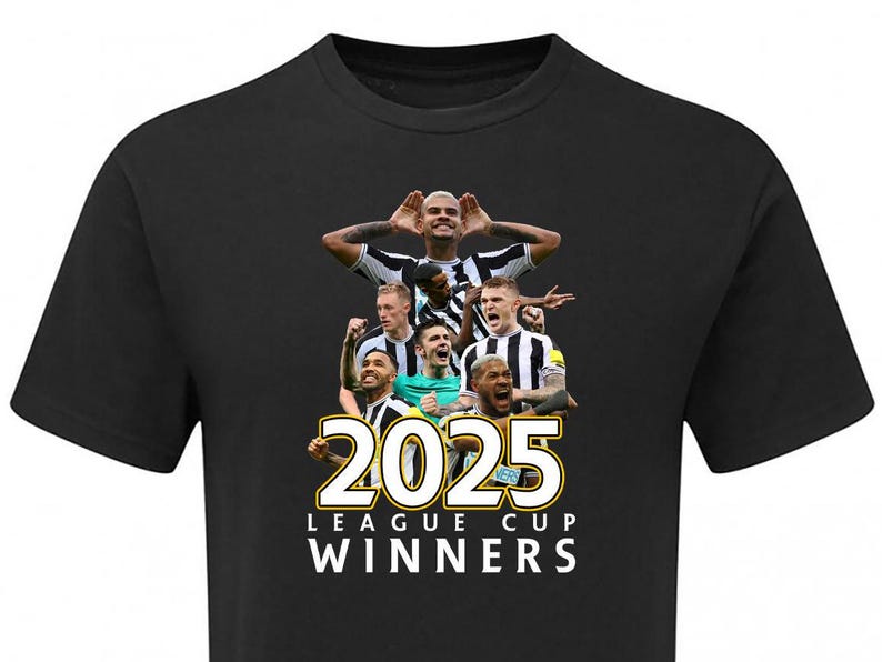 May include: Black t-shirt with a group of soccer players in black and white uniforms celebrating. The text "2025 LEAGUE CUP WINNERS" is printed in gold on the shirt.
