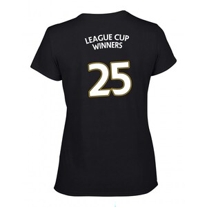 May include: Black t-shirt with the text "League Cup Winners" and the number "25" printed on the back.