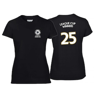May include: Black t-shirt with a white graphic of a soccer team logo and the text "League Cup Winners 2023". The back of the shirt has the text "League Cup Winners" and the number "25" in white.