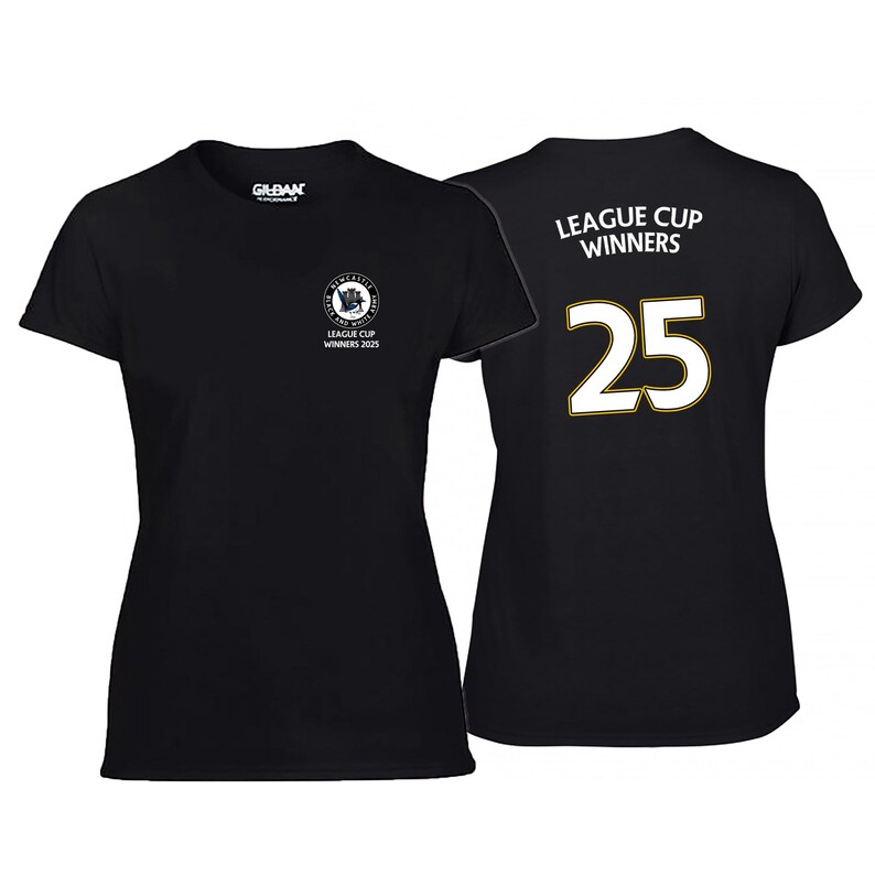 May include: Black t-shirt with a white graphic of a soccer team logo and the text "League Cup Winners 2023". The back of the shirt has the text "League Cup Winners" and the number "25" in white.