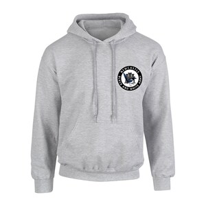May include: A gray hooded sweatshirt with a black and white circular logo featuring a magpie and the text "Newcastle Black and White Army".