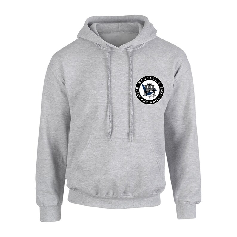 May include: A gray hooded sweatshirt with a black and white circular logo featuring a magpie and the text "Newcastle Black and White Army".