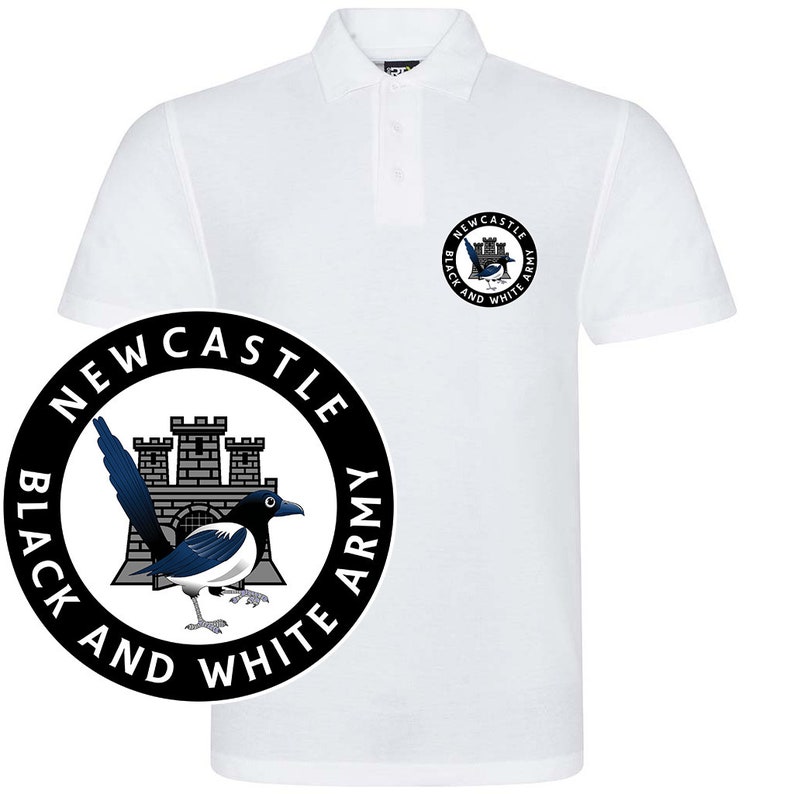 May include: White polo shirt with a black and white Newcastle Black and White Army logo on the left chest. The logo features a castle, a magpie, and the text "Newcastle Black and White Army".