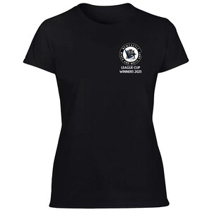May include: Black t-shirt with a white circle logo that says "Newcastle  Black and White Army" and "League Cup Winners 2025".
