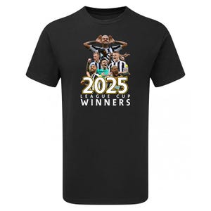 May include: Black t-shirt with a group of soccer players in black and white uniforms. The players are celebrating a victory with the year 2025 and the text "League Cup Winners" printed on the shirt.