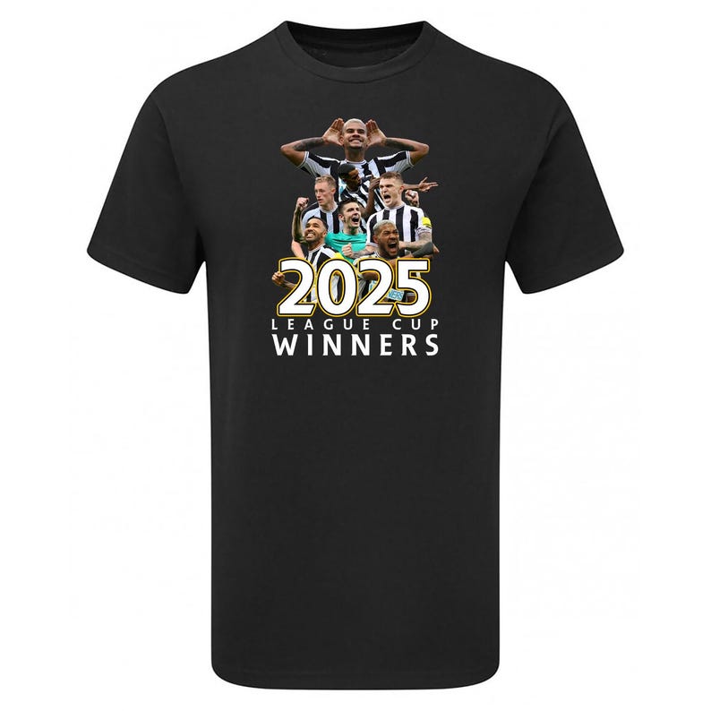 May include: Black t-shirt with a group of soccer players in black and white uniforms. The players are celebrating a victory with the year 2025 and the text "League Cup Winners" printed on the shirt.
