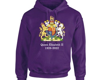 1926- 2022 Reina Isabel II SUDADERA CON CAPUCHA GRANDE Escudo de Armas Hombres y Mujeres