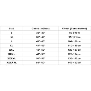 May include: Size chart showing chest measurements in inches and centimeters for sizes S through XXXXXL.