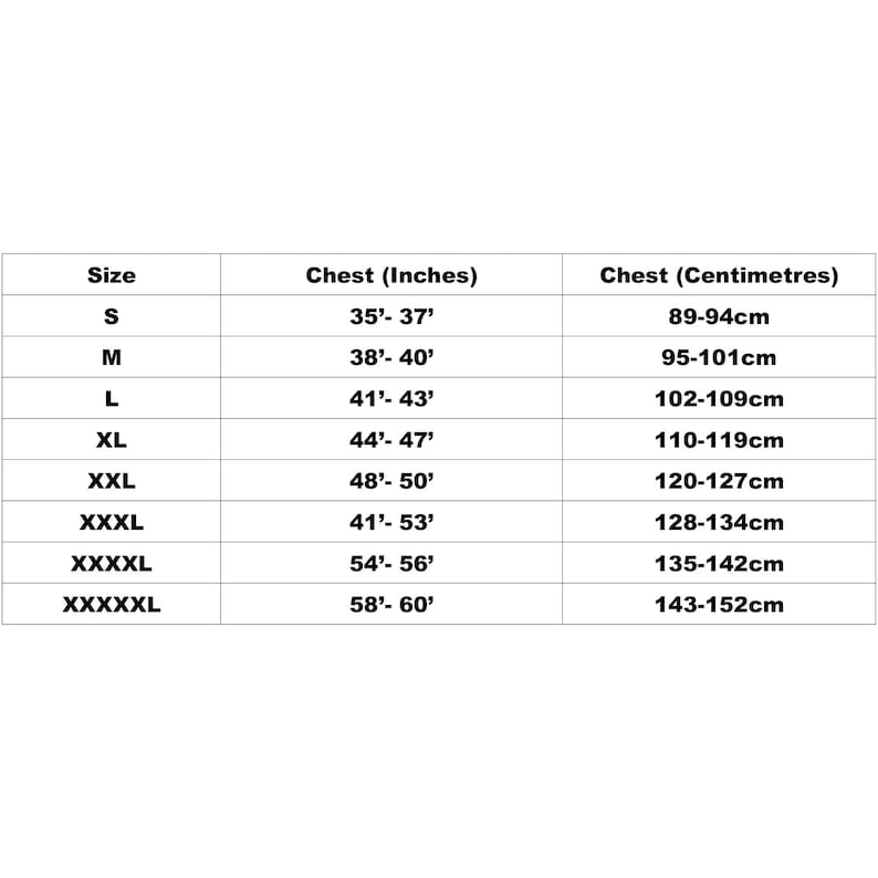 May include: Size chart showing chest measurements in inches and centimeters for sizes S through XXXXXL.