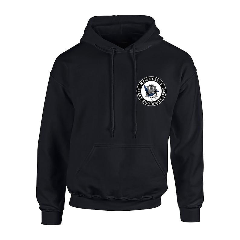 May include: Black hooded sweatshirt with a white circle logo featuring a black and white magpie, a castle, and the text "Newcastle Black and White Army".