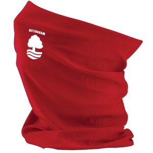 May include: A red neck gaiter with the word "NOTTINGHAM" above a white tree and water logo. The gaiter is made of a soft, flexible material and is designed to be worn around the neck or face.