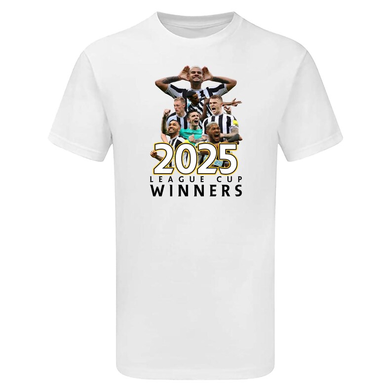 May include: White t-shirt with a black and white photo of a group of soccer players celebrating. The text "2025 LEAGUE CUP WINNERS" is printed in gold on the shirt.