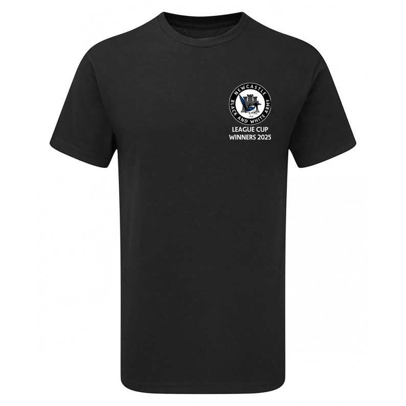 May include: Black t-shirt with a white Newcastle United logo and the text "League Cup Winners 2023".