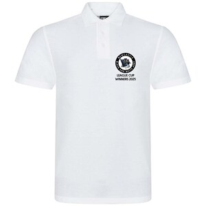 May include: White polo shirt with a black and white embroidered logo that says "Newcastle Black and White Army" and "League Cup Winners 2025".