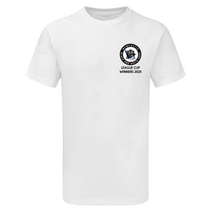 May include: White t-shirt with a black and white circular logo featuring a Newcastle United crest and the text "Newcastle United, Black and White Army". Below the logo is the text "League Cup Winners 2025".