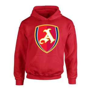May include: Red hooded sweatshirt with a white and blue Arsenal Football Club logo featuring the letter "A" in a crest.