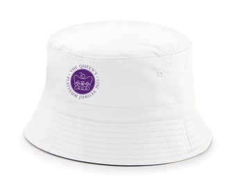70th Queen Platinum Jubilee WHITE Bucket Hat Printed Logo Emblem Elizabeth II