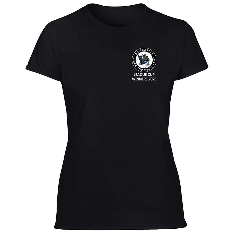 May include: Black t-shirt with a white circle logo that says "Newcastle  Black and White Army" and "League Cup Winners 2025".
