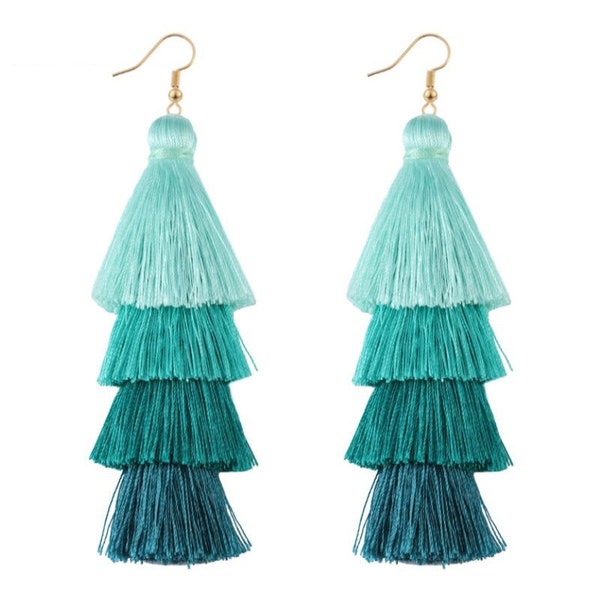 Turquoise Ombre 4-Tier Tassel Earrings