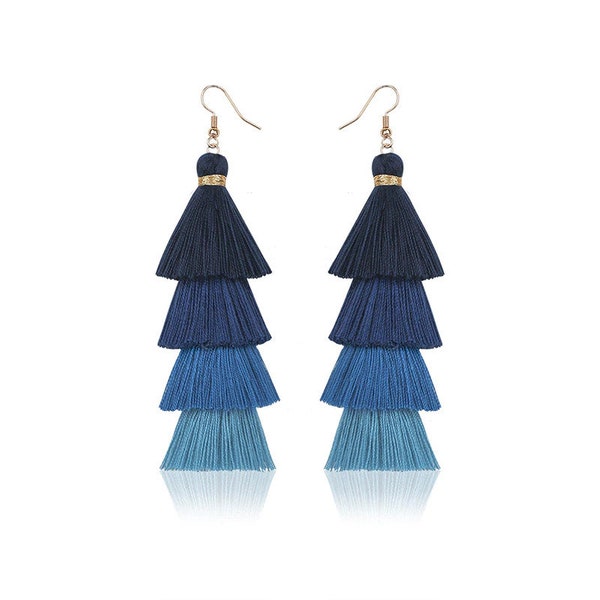 Ombre Blue 4-Tier Tassel Earrings